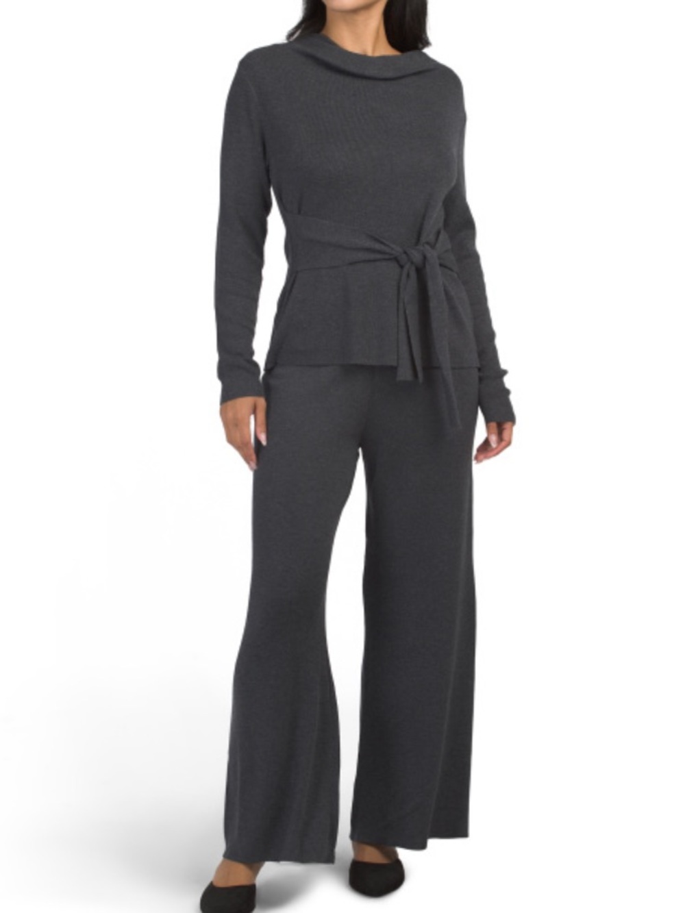 Sioni Women's Charcoal Knit Tie-Waist Wide-Leg Pants 2 Piece Set